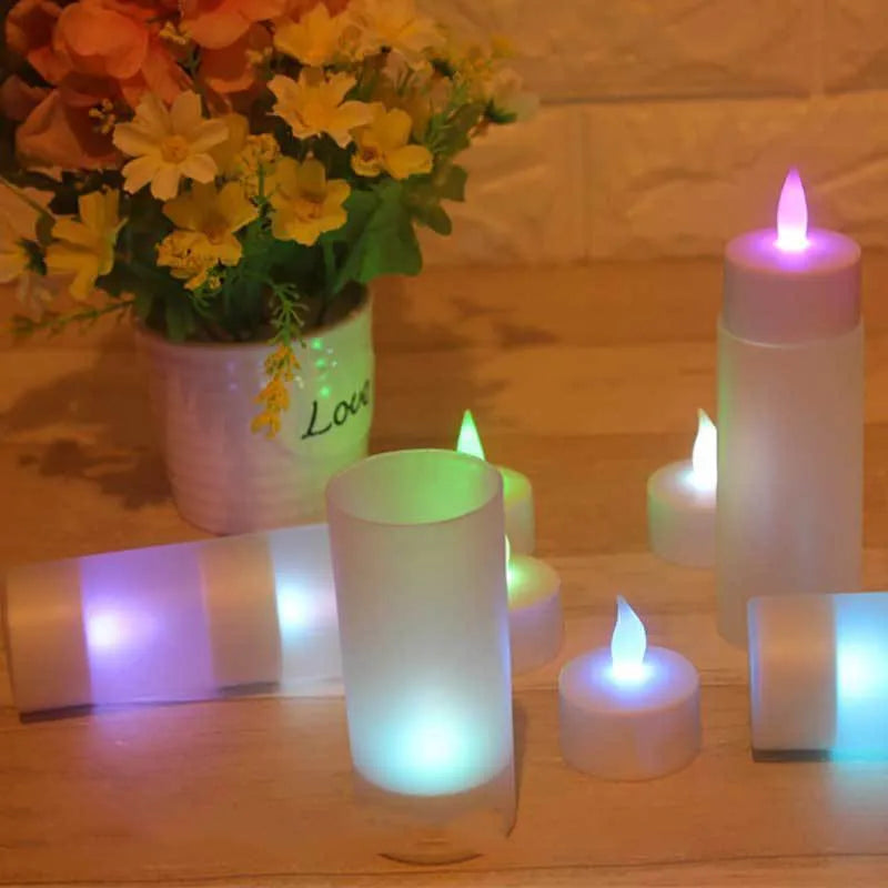 White plastic USB rechargeable LED candle lamp with yellow flashing flame effect on plastic cup