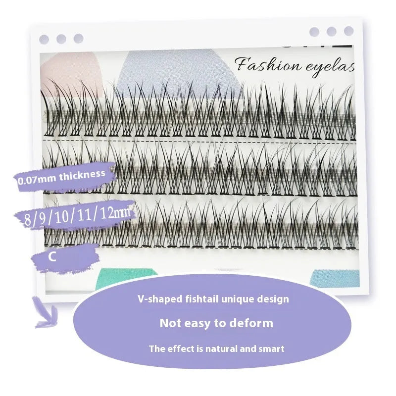 Black V-shaped fairy fishtail false eyelashes showing thick segmented design on 5 size options from 8mm to 12mm.