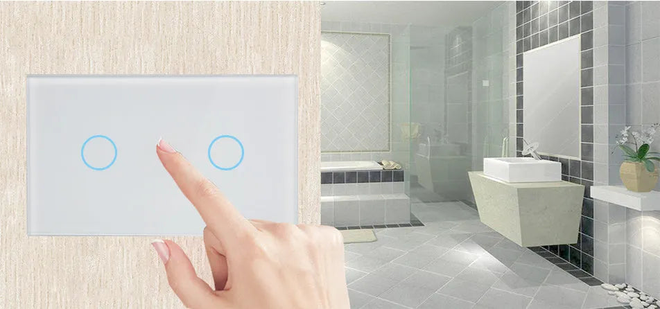 White 2-gang RF remote control touch light switch with tempered glass panel.