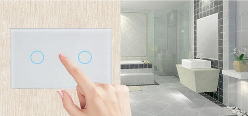 White 2-gang RF remote control touch light switch with tempered glass panel.