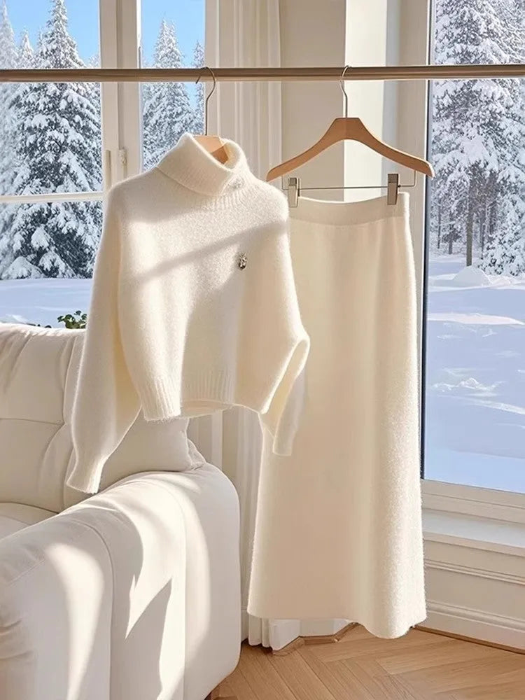White knitted sweater skirt suit with long sleeve top and long skirt for women, sizes S-3XL.