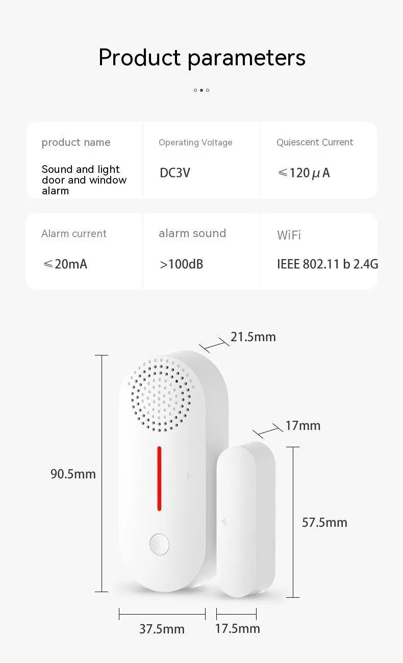 WiFi door magnetic sensor alarm with wireless connectivity and sound/light alerts for smart home security