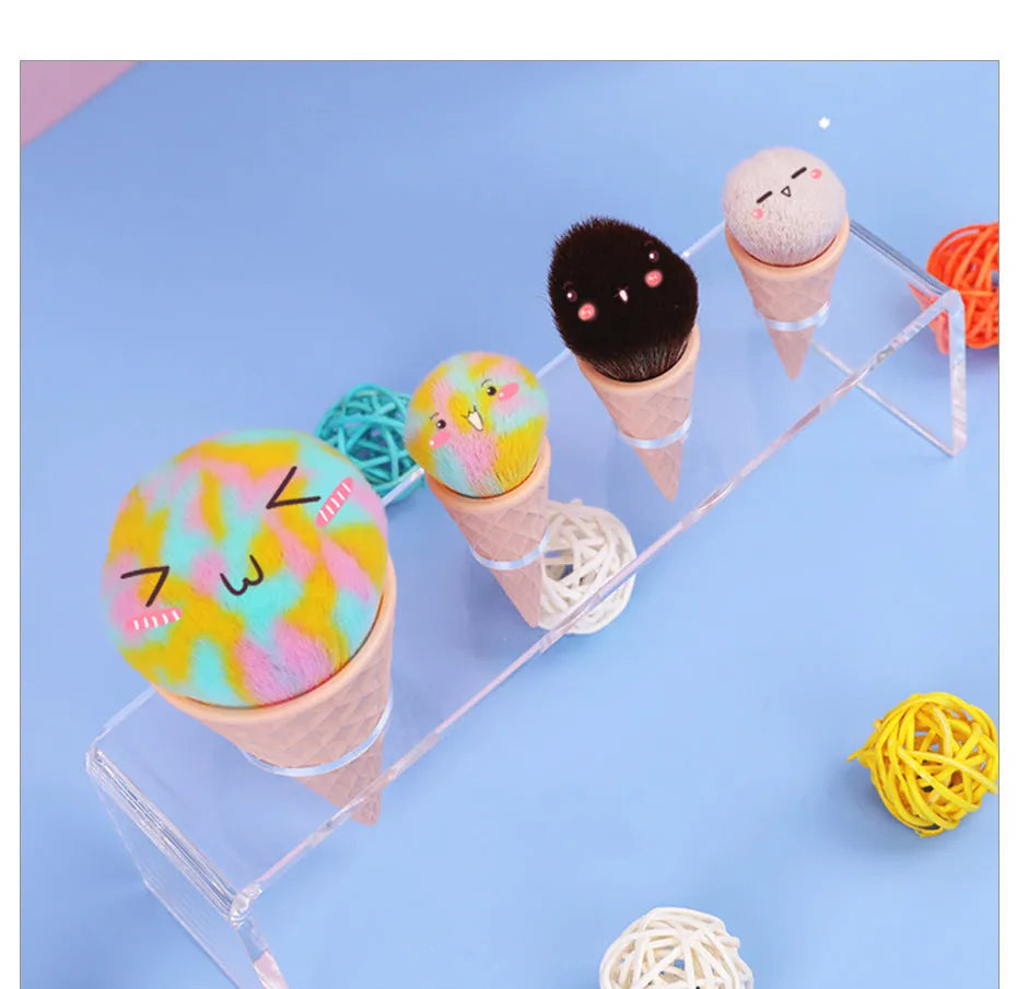 Ice cream cute fibre hair makeup brush set of 4 with artificial bristles and plastic handles in paper box