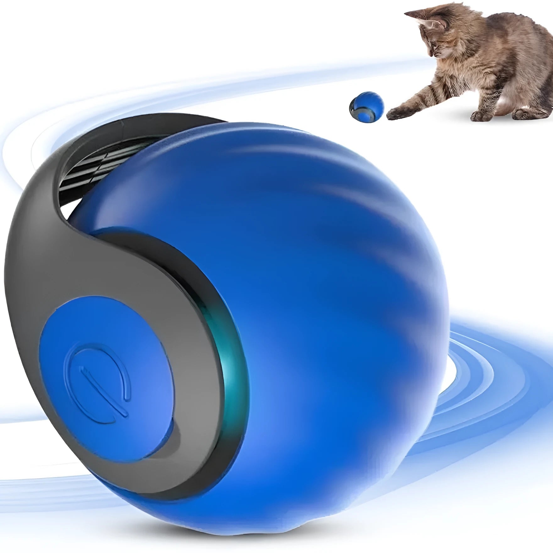 Blue interactive rolling ball pet toy for cats and dogs on indoor floor