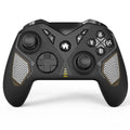 Black wireless game controller with leather-like texture, shown front and back, with Type-C port.