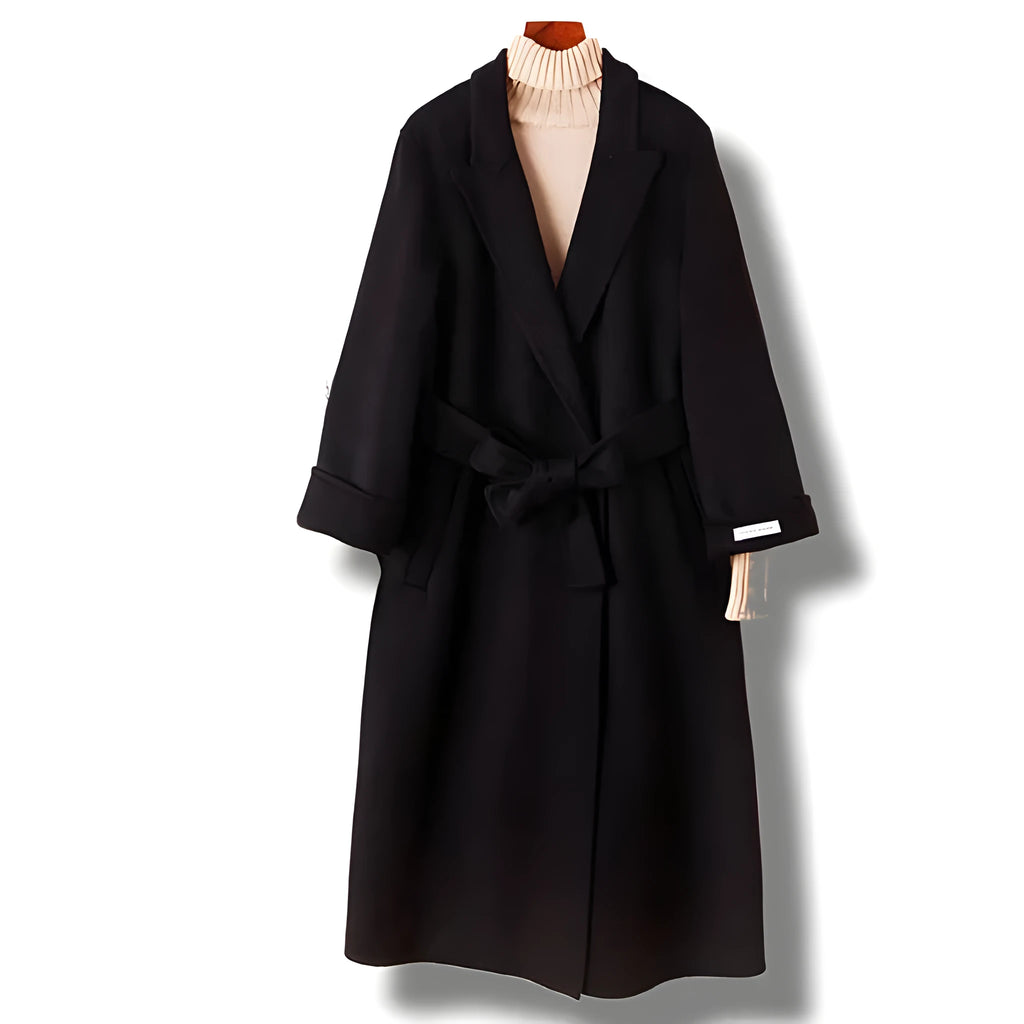 Men's wool coat with a long suit collar shown in black and caramel colours.