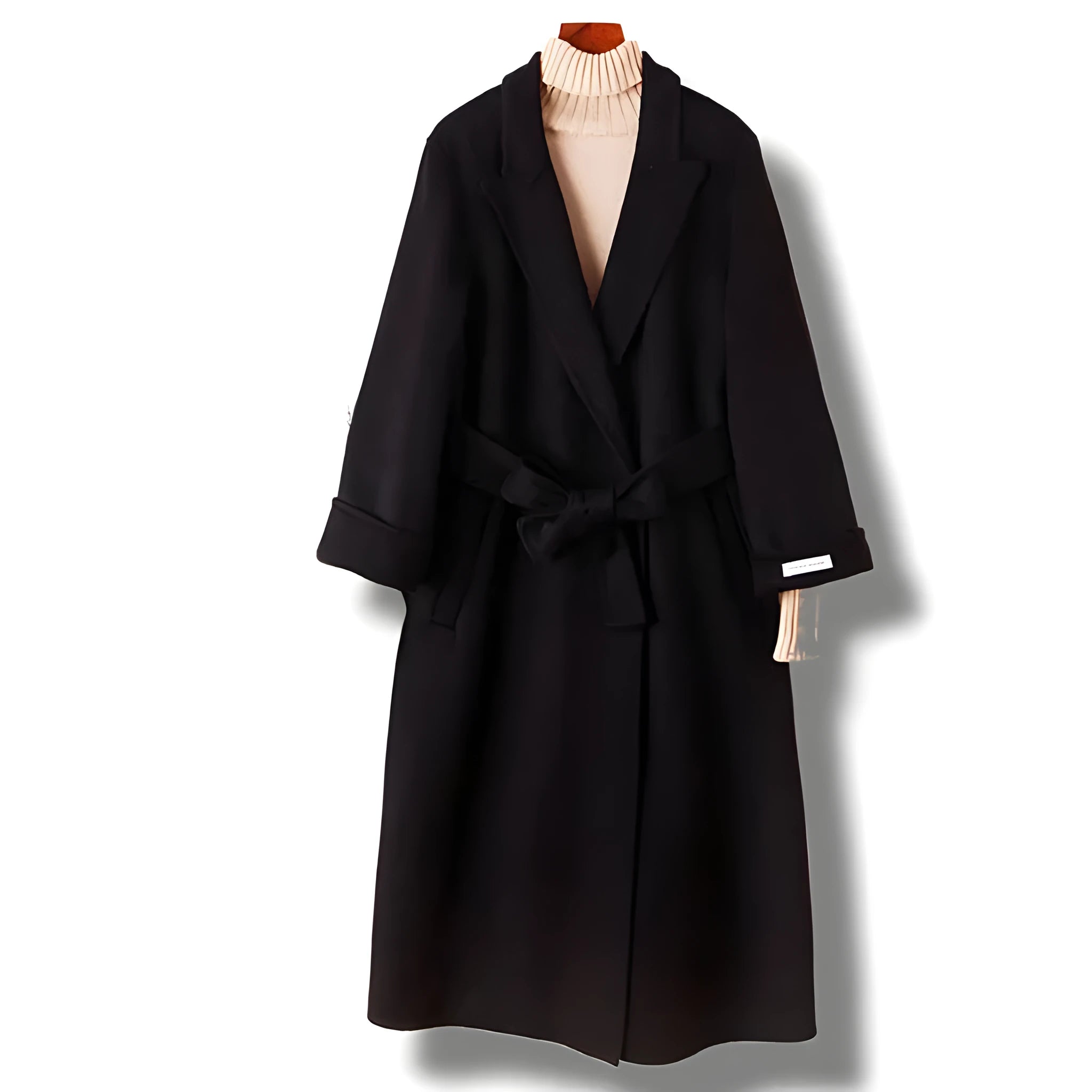 Men's wool coat with a long suit collar shown in black and caramel colours.