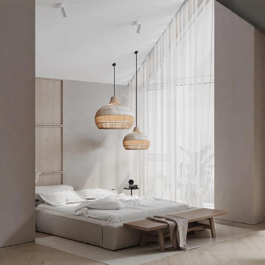 Rattan woven chandelier with a 60cm diameter in a Silent Wind style design.