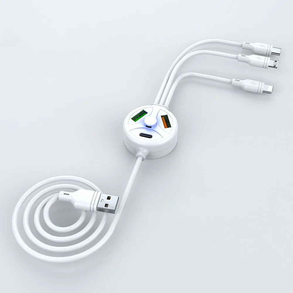 White 3-in-1 USB fast charge cable with micro USB and TYPE-C connectors on a 1.2 metre PVC cord.