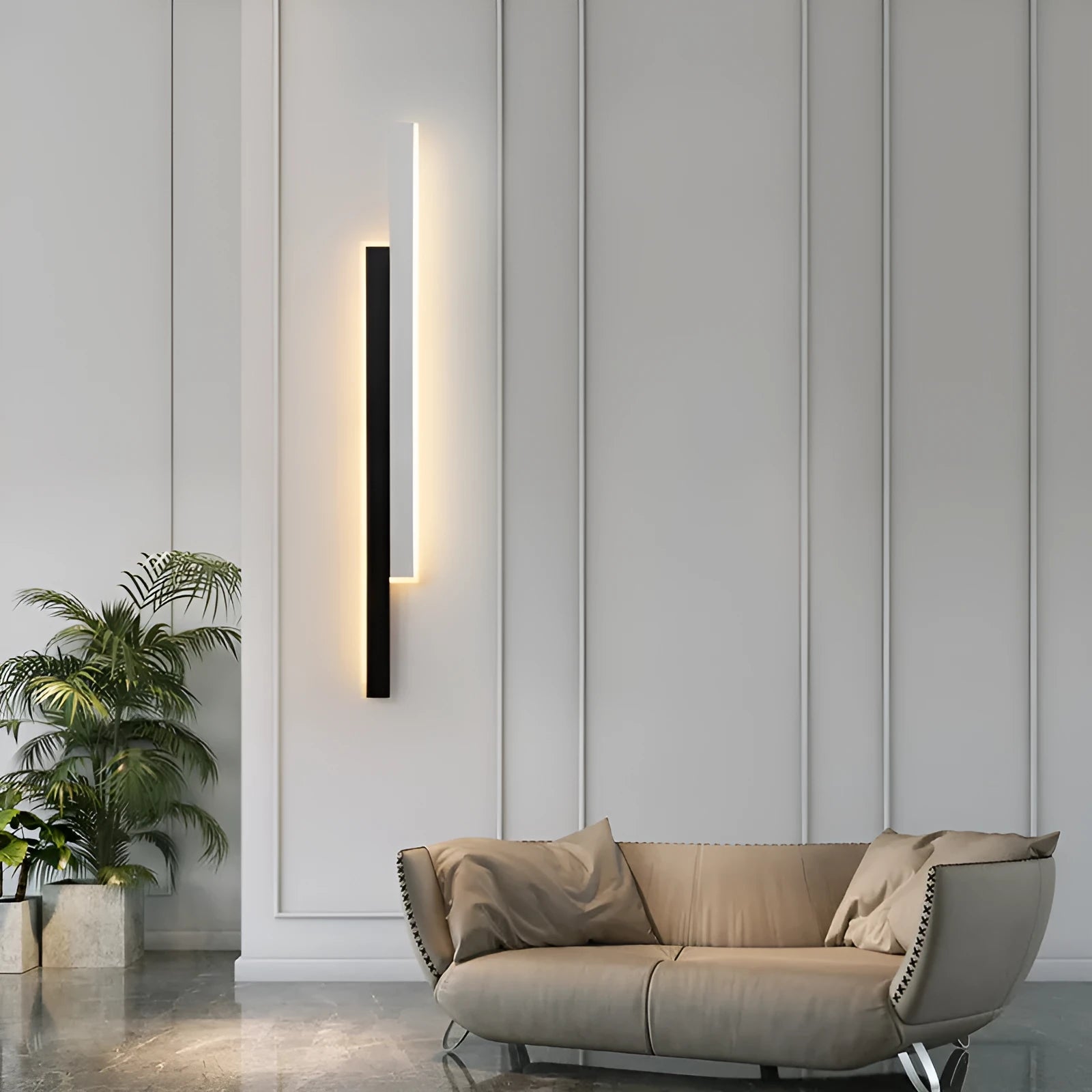 Modern black and white LED strip wall lamp with a grid-free pole gate design and acrylic shade.