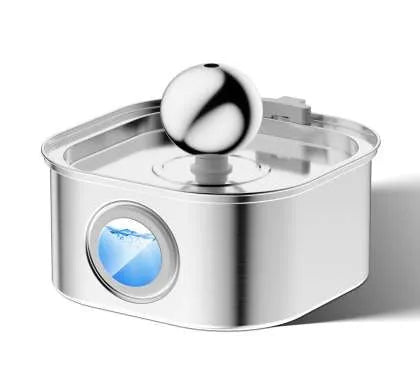 Stainless steel pet water dispenser with round basin and window faucet for dogs and cats.