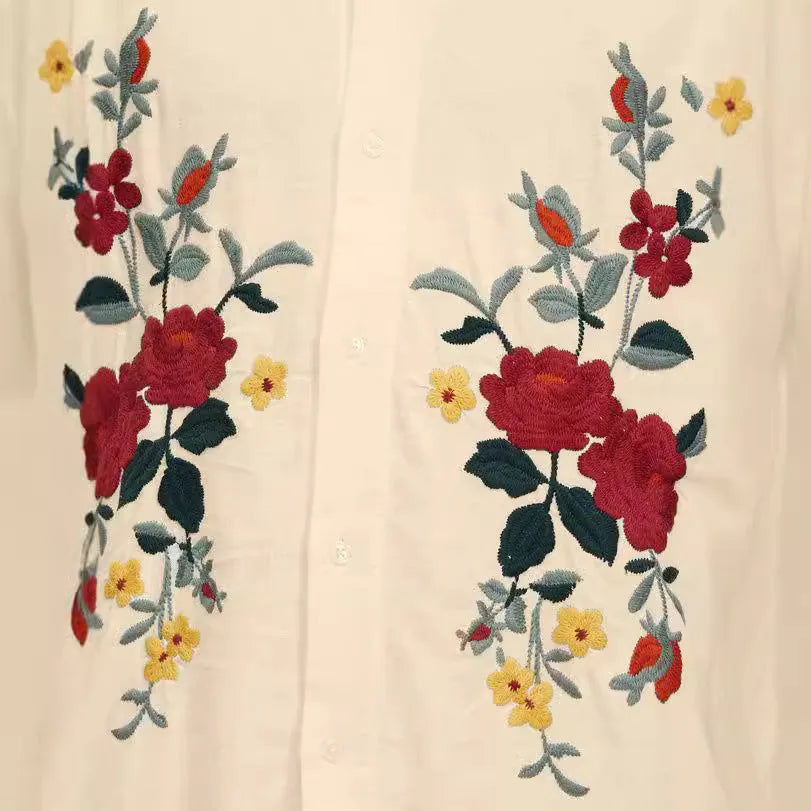 Men's vintage floral print shirt in apricot colour with short sleeves and lapel collar