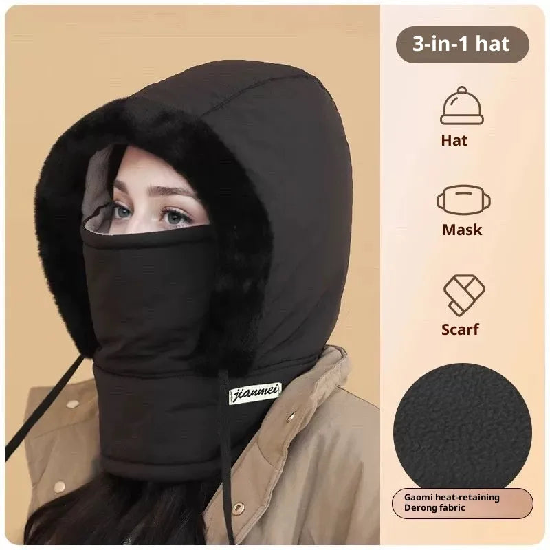 Cold-proof ushanka cap with integrated mask in black artificial leather, dome crown style for winter wind protection