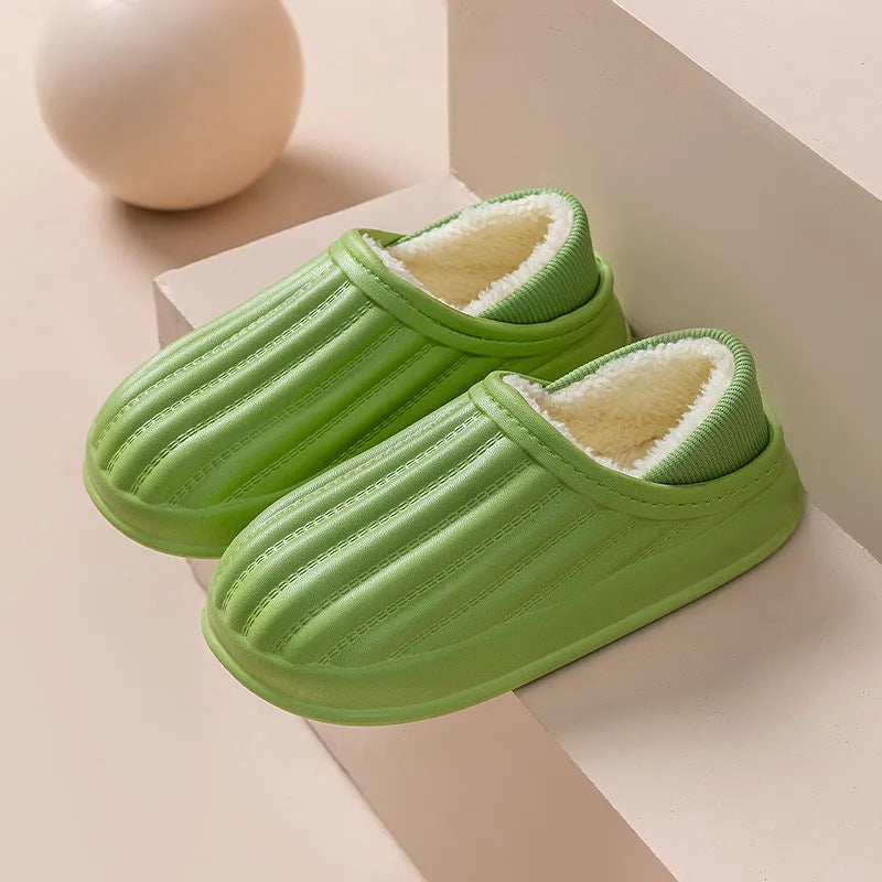 Thickened couple slippers in grey, EVA sole, non-slip, round toe, plush lined winter home shoes