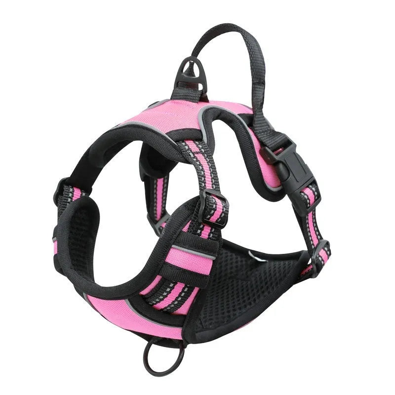 Adjustable dog chest harness in Oxford cloth, shown in multiple colours including red, blue, and black.