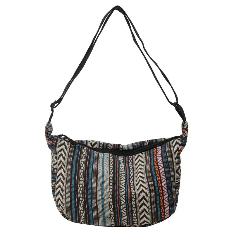 Ethnic style canvas crossbody dumpling bag with sewing thread detailing in five colour options