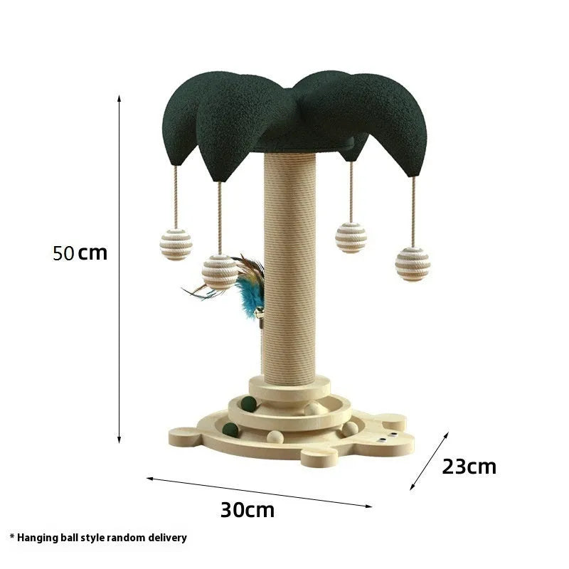 Solid wood cat climbing frame with rotating turntable and sisal scratching post in a panda design.