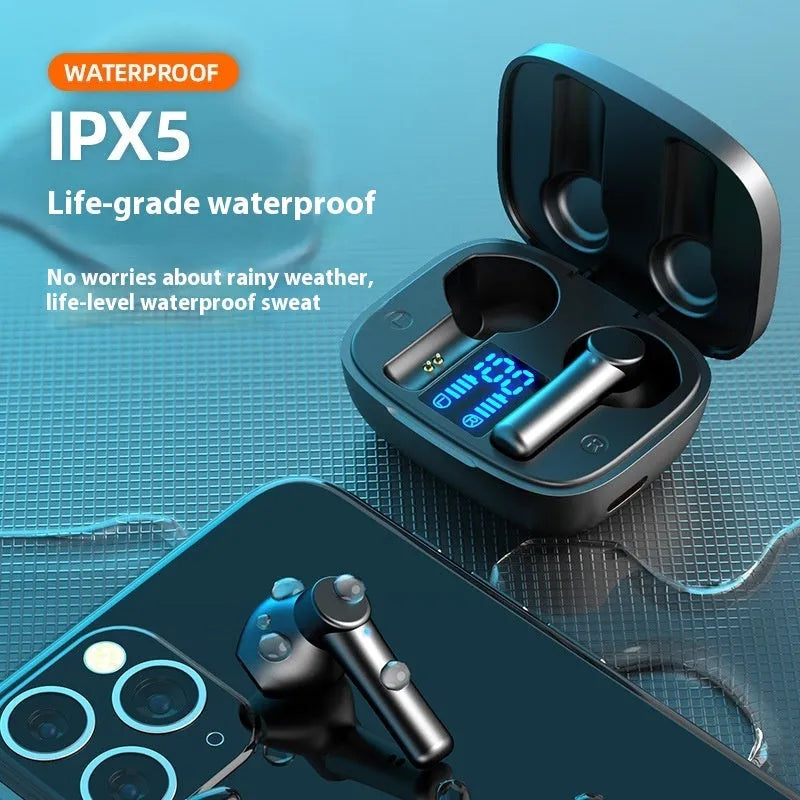 Wireless Bluetooth in-ear headphones with LED display, 13mm copper ring speaker, charging case, in black, white, and pink