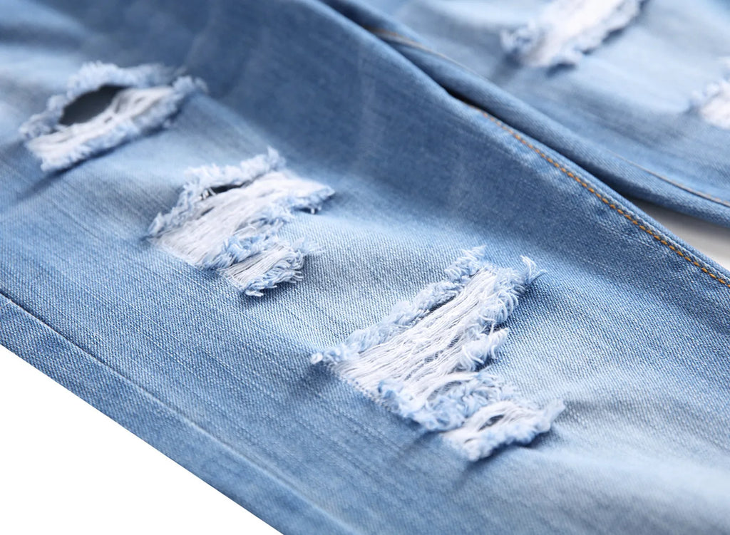 Cotton Blend Ripped Straight Denim Trousers for Men Mid Waist Zipper Fly Light Straight Leg Dark Blue Light Blue Nostalgia Sizes 28-42