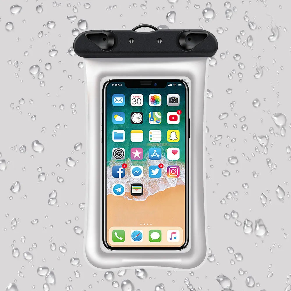 A waterproof PVC phone pouch with a lanyard, shown in orange.
