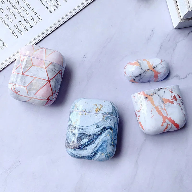 White marble hard PC protective case for Apple AirPods 1 and 2 charging box.