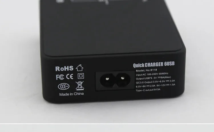 Black multi-port USB mobile phone charger with 8000mA current, 5V output and AU EU UK US model options