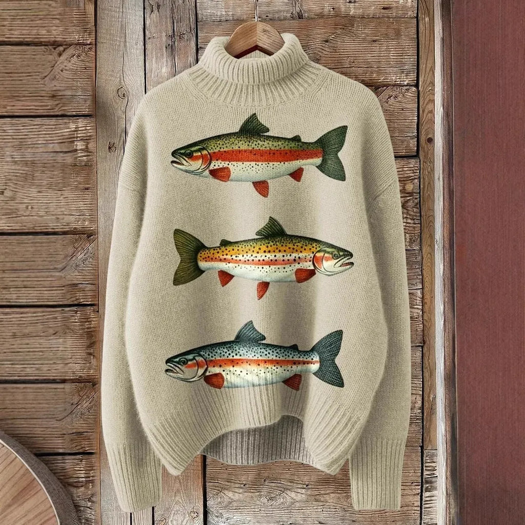 Women's loose fit Christmas printed turtleneck sweater with long sleeves in a macaron colour.