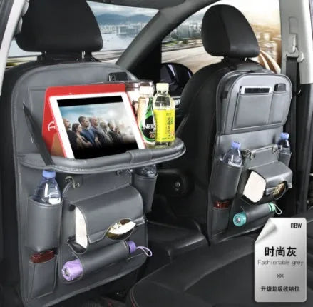 PU leather car storage bag with multiple pockets and built-in rubbish holder in black