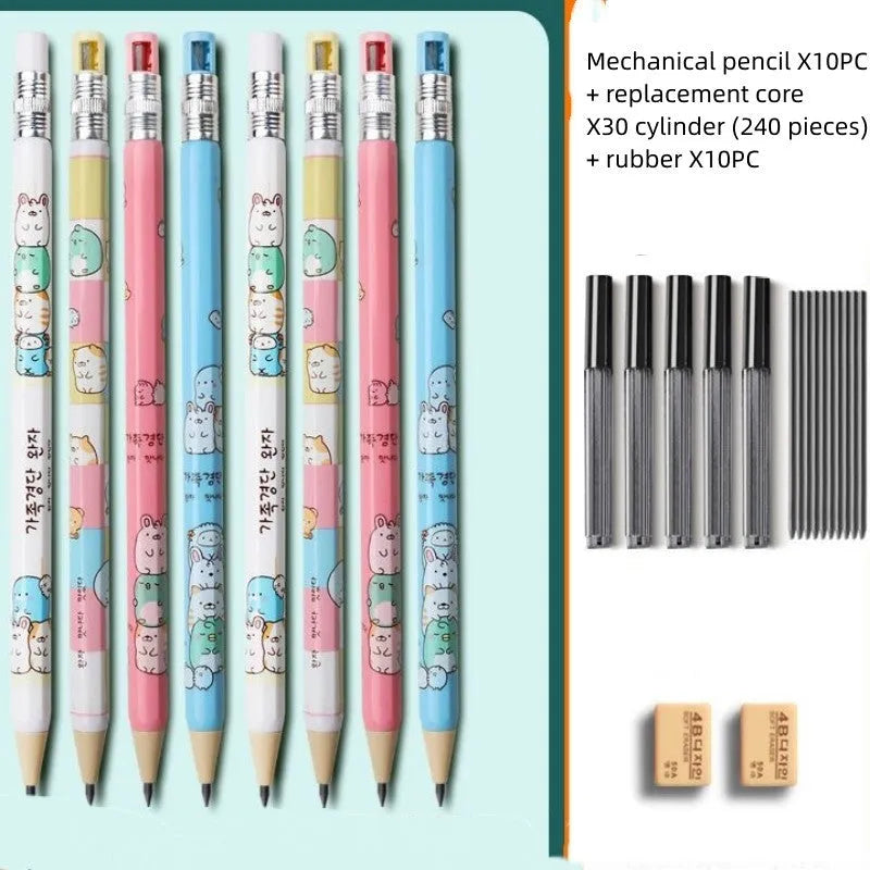 Cartoon-style plastic mechanical pencil for children with 2.0 mm thick lead, shown with spare lead cylinders.