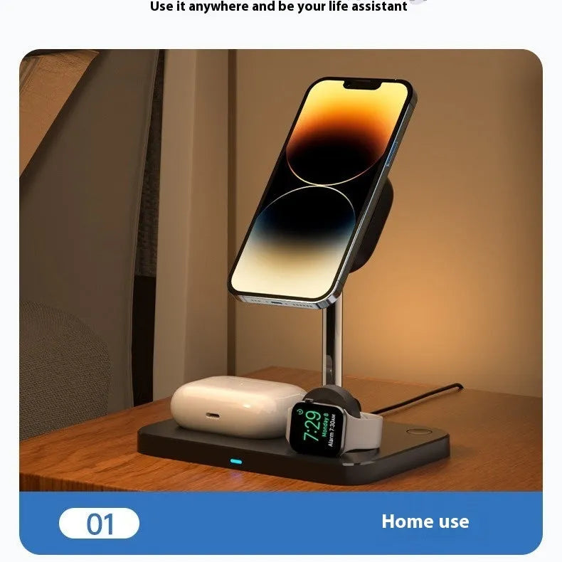 Black desktop magnetic wireless three-in-one charger with cooling bracket for phone watch earbuds