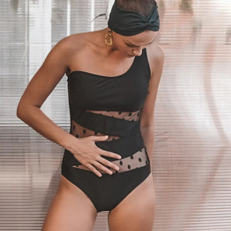 Women's one-shoulder mesh one-piece swimsuit in solid colour, nylon fabric, available in Black Green Silver sizes S to XXL