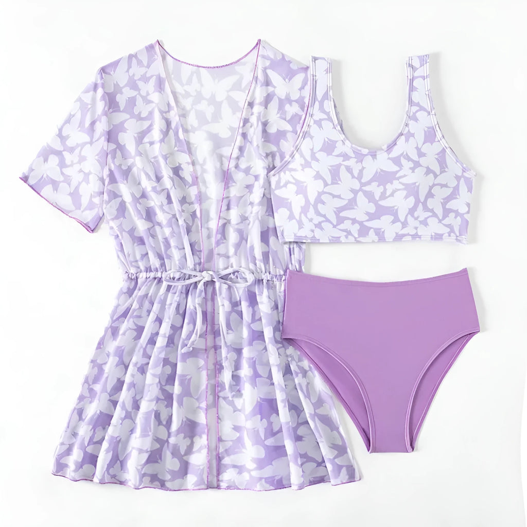 Three piece split swimsuit set for girls in colour 3218, includes coat, vest, and briefs.