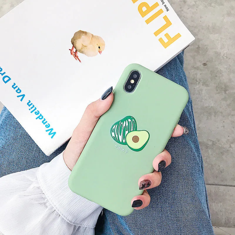 Flexible green TPU iPhone case with a detailed painted cartoon avocado illustration on the back.