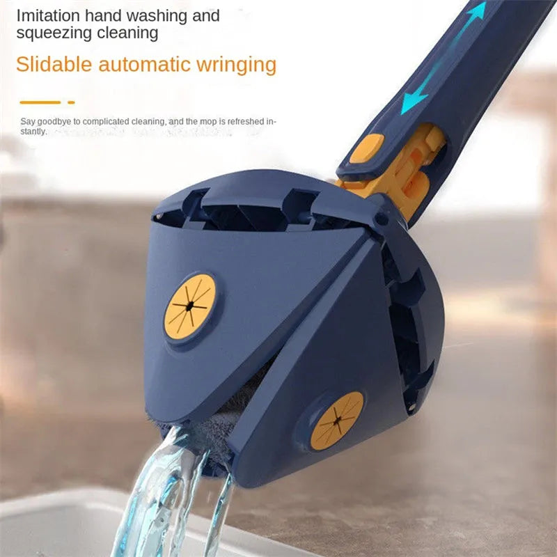Extendable blue triangle mop with 360 rotating head and automatic water squeezing mechanism