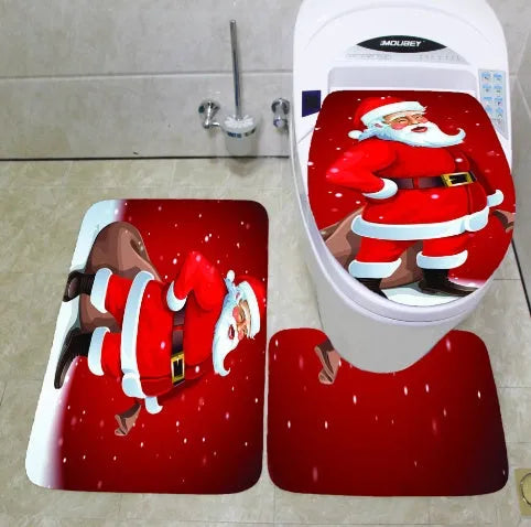 Christmas bathroom decoration set with Santa Claus shower curtain, toilet cover, and non-slip flannel floor mat