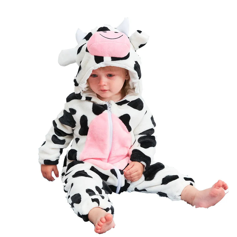 Neutral baby flannel jumpsuit in cow print with hood and long sleeves, available in sizes 70cm to 100cm for newborns