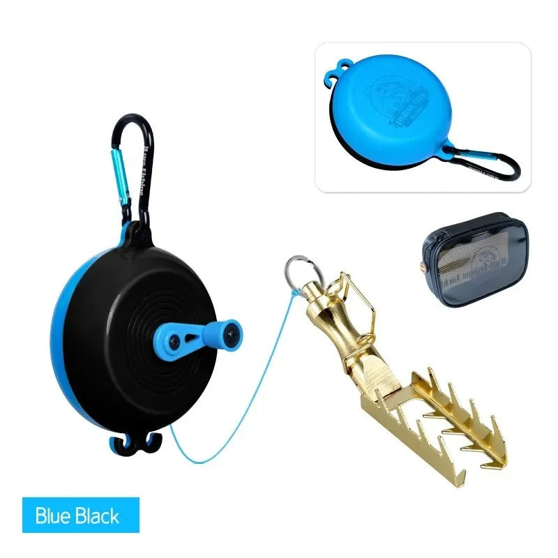 Fishing bait bottom lifter retriever device with coloured wheel and stainless steel hook on spool of braided line.