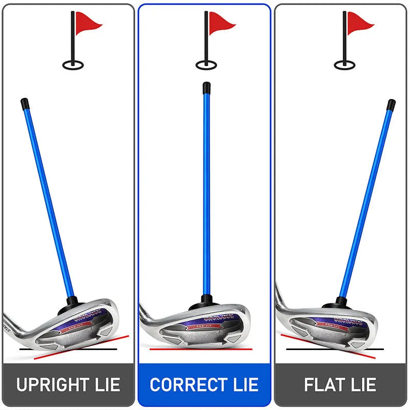 Aluminium alloy golf swing trainer with magnetic direction bar in red or blue.