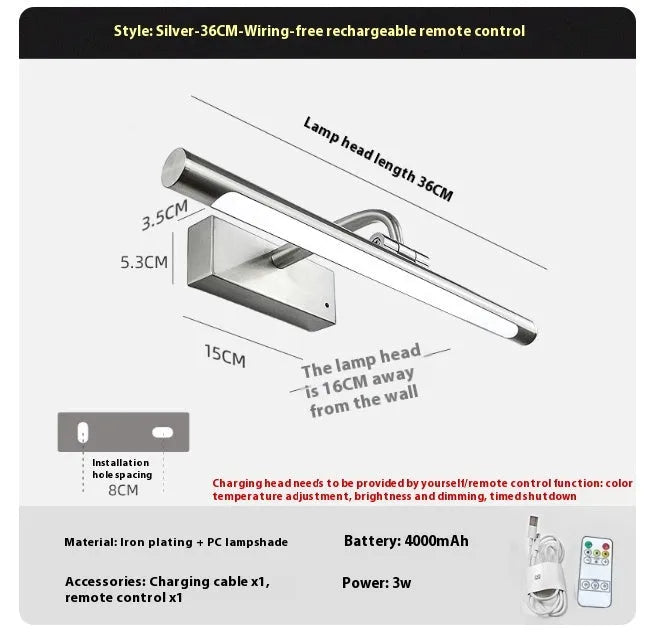 Rechargeable photo lamp with wrought iron frame, PC lampshade, 3W output, 4000mAh battery, remote control, in copper or silver.