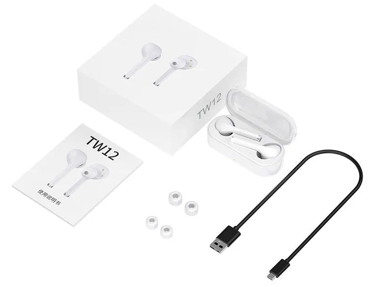 Black Bluetooth 5.0 true wireless headphones with USB charging dock