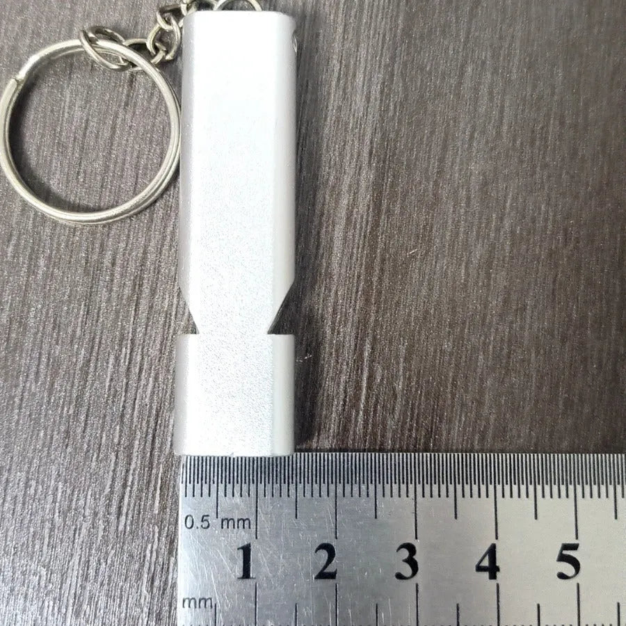 Silver aluminium alloy double-hole survival whistle with cylindrical design and lanyard loop