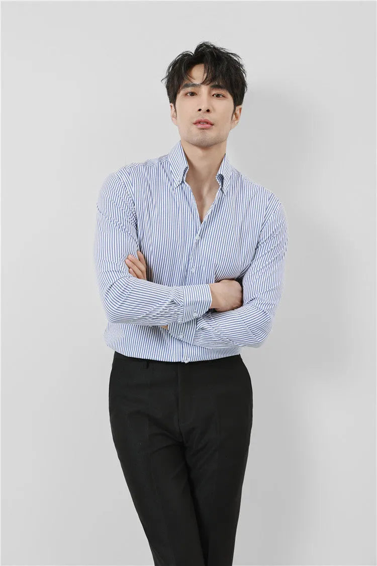 Men's striped V-neck long sleeve shirt, slim fit, stand collar, black or blue, sizes M to 3XL