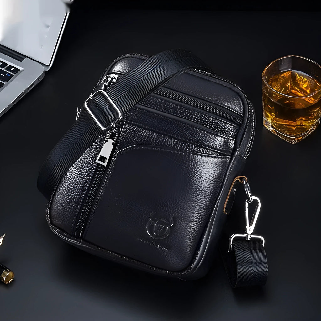 Men's black genuine leather shoulder messenger bag, wear-resistant, retro style for travel