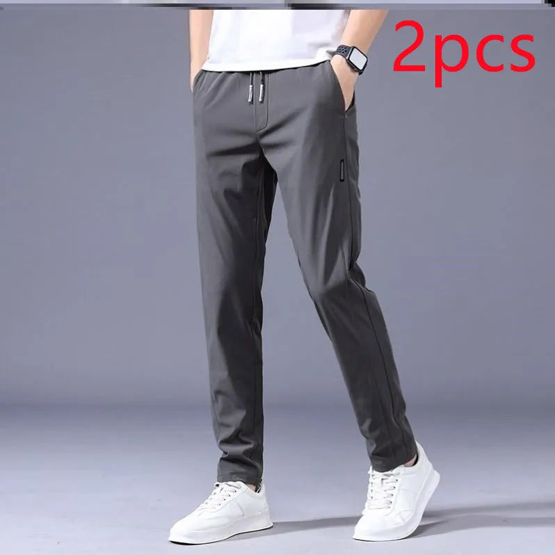 Men's loose straight drawstring sweatpants in khaki, summer casual thin trousers Korean version