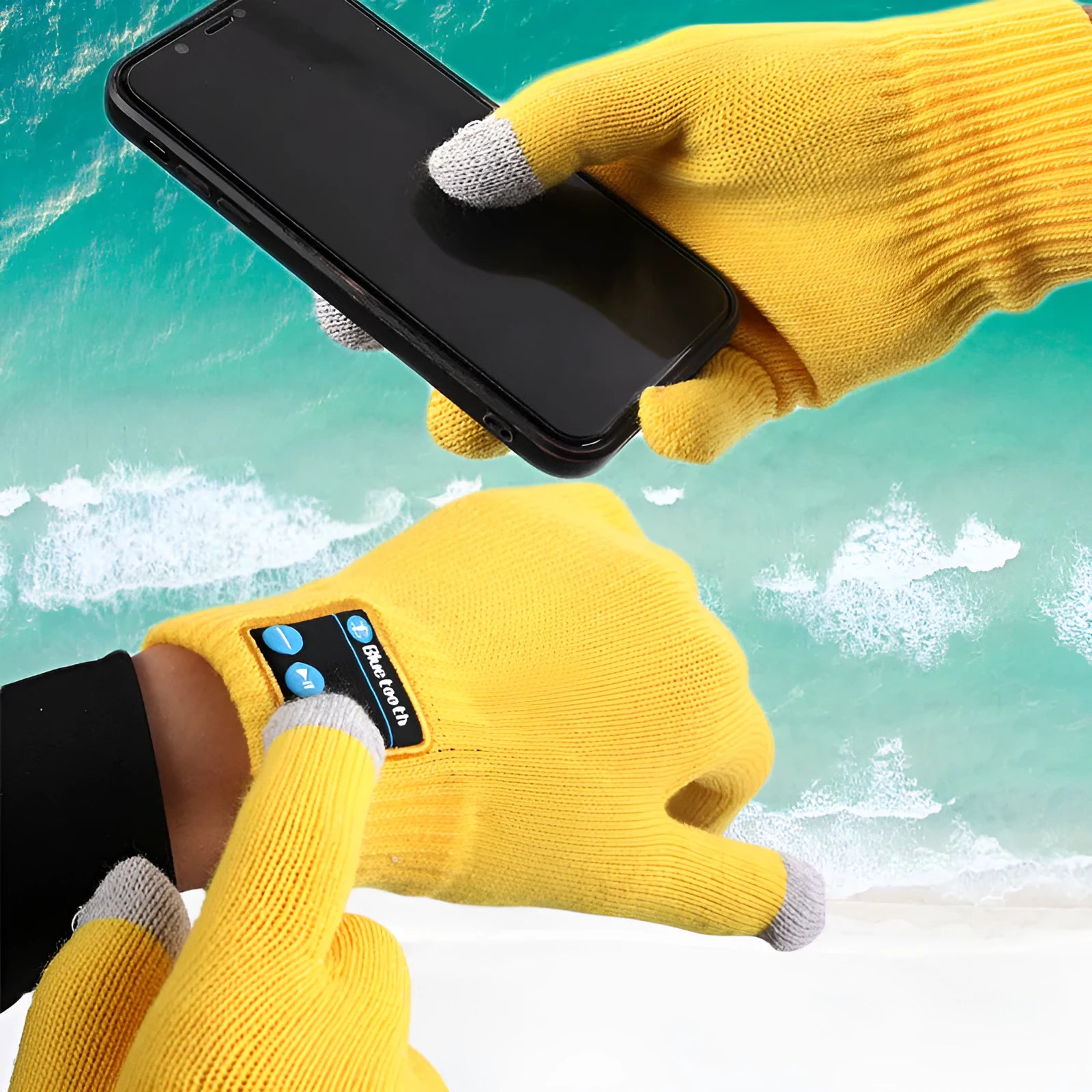 Bluetooth gloves touch screen free size winter cycling gloves yellow windproof non-slip cotton blend embroidery