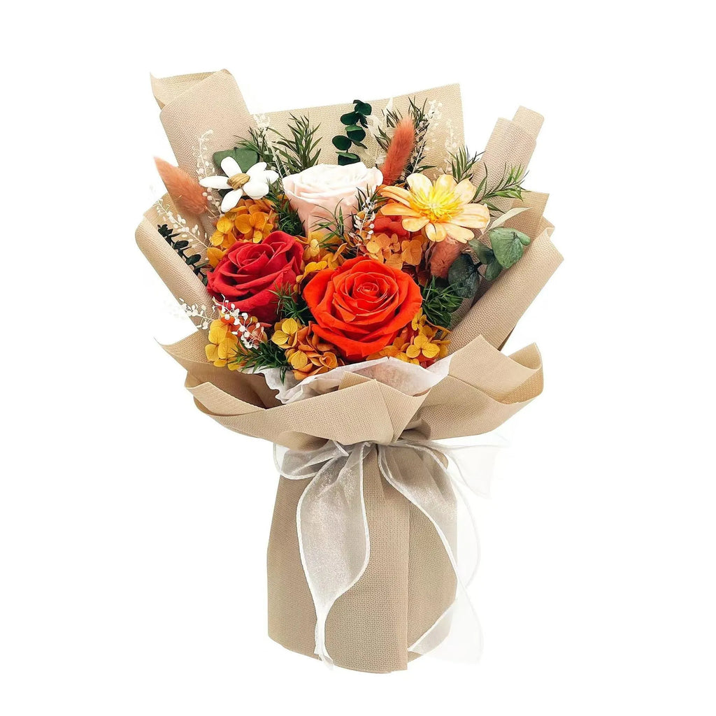 Preserved fresh flower rose bouquet in purple, gray blue, white, pink, or khaki, supplied as one bunch for gifting.