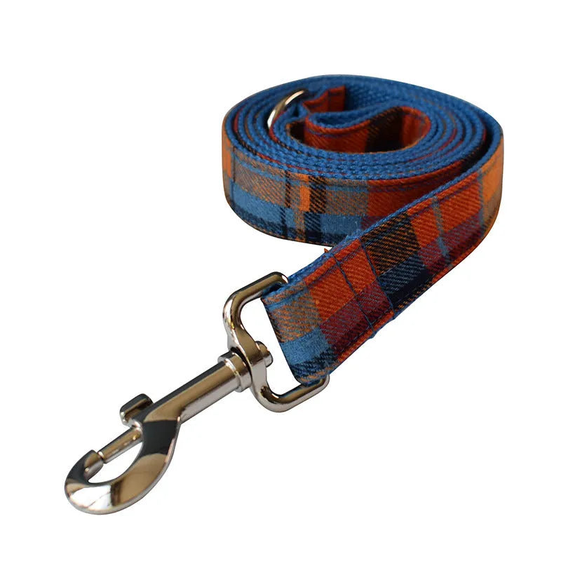 Blue velvet plaid pattern dog collar with an alloy metal buckle on a white background