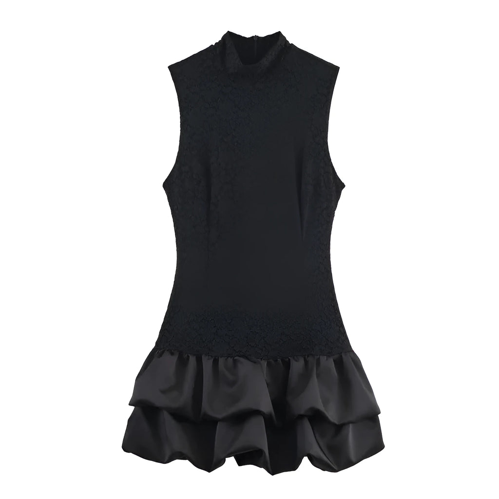 Women's simple stitching lace short dress in black with asymmetric hem and mid waist