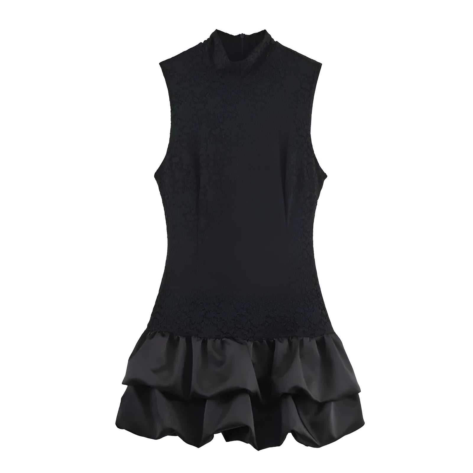 Women's simple stitching lace short dress in black with asymmetric hem and mid waist