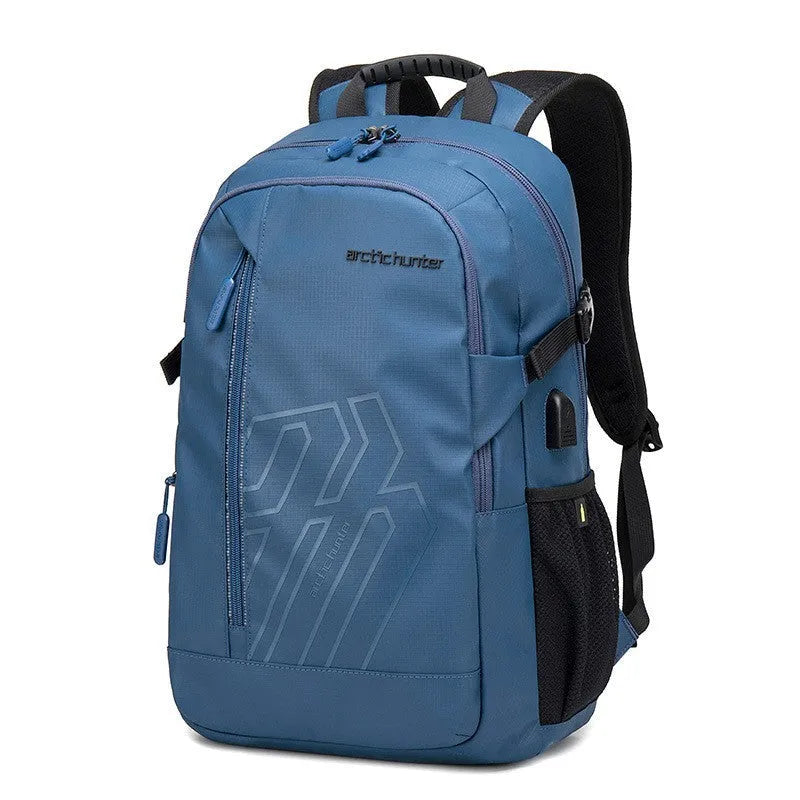 Blue plaid patterned 18 inch casual polyester laptop backpack with a curved shoulder strap.